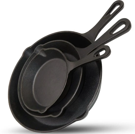 Chefino Gietijzeren Pannenset – 3-delige Skillet Set – Pannenset Inductie – Gietijzeren Pan voor BBQ, Oven en Fornuis – PF...