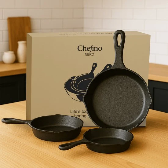 Chefino Gietijzeren Pannenset – 3-delige Skillet Set – Pannenset Inductie – Gietijzeren Pan voor BBQ, Oven en Fornuis – PF...