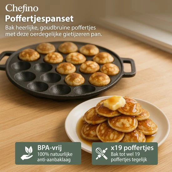 Chefino Poffertjespan Gietijzer 24 cm – 19 Poffertjes Tegelijk – Geschikt voor Gas, Inductie, Keramisch en Oven – BPA-vrij...