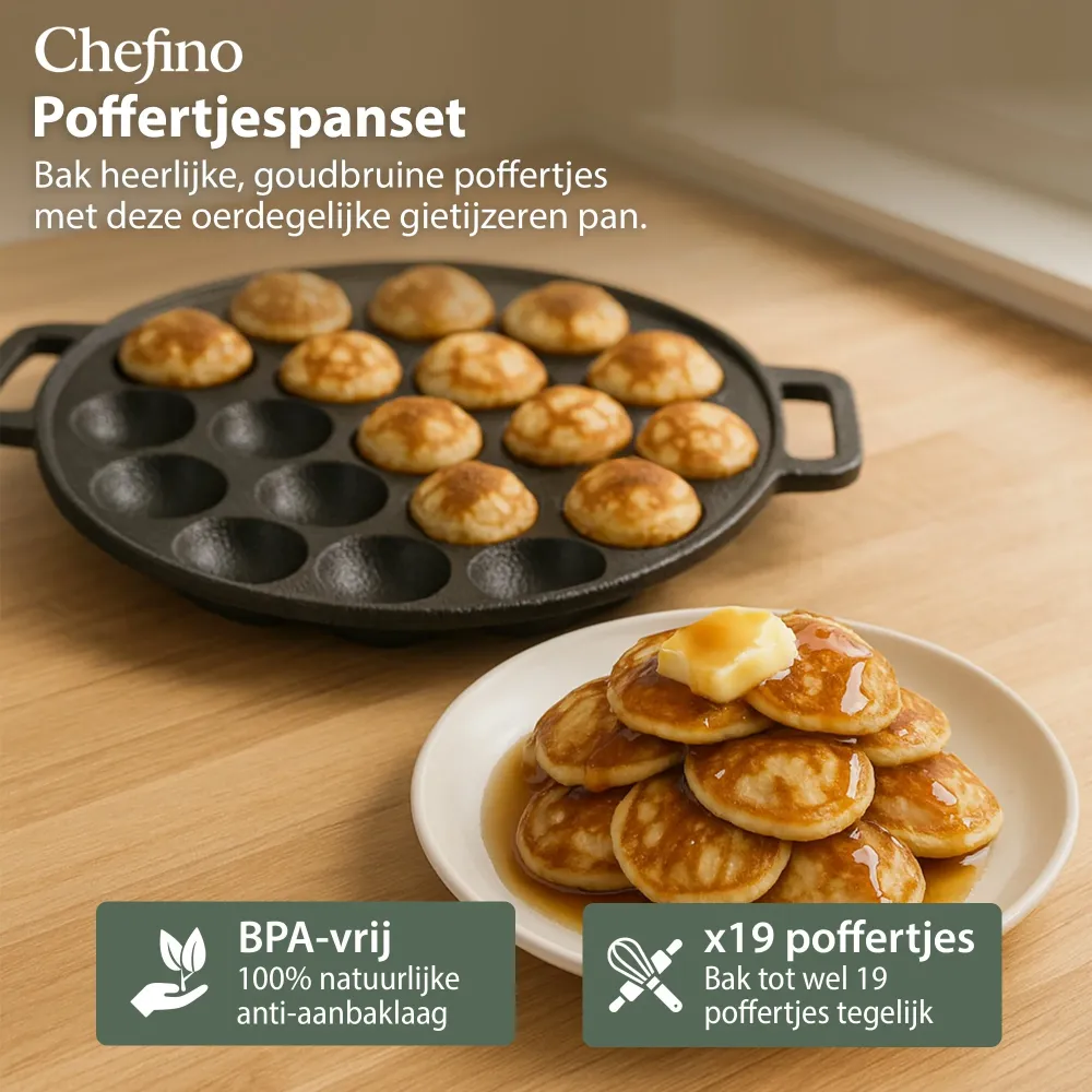 Chefino Poffertjespan Gietijzer 24 cm – 19 Poffertjes Tegelijk – Geschikt voor Gas, Inductie, Keramisch en Oven – BPA-vrij...
