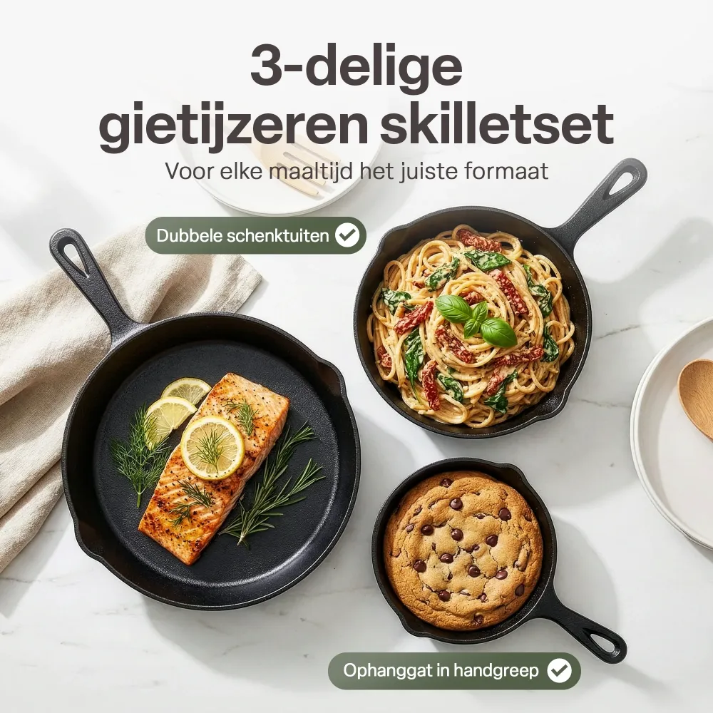 Gietijzeren Koekenpan Set 3-delig – Skillet Set Ø16, Ø19,5 & Ø24,5 cm – Pre-seasoned Gietijzer – Geschikt voor Inductie, G...