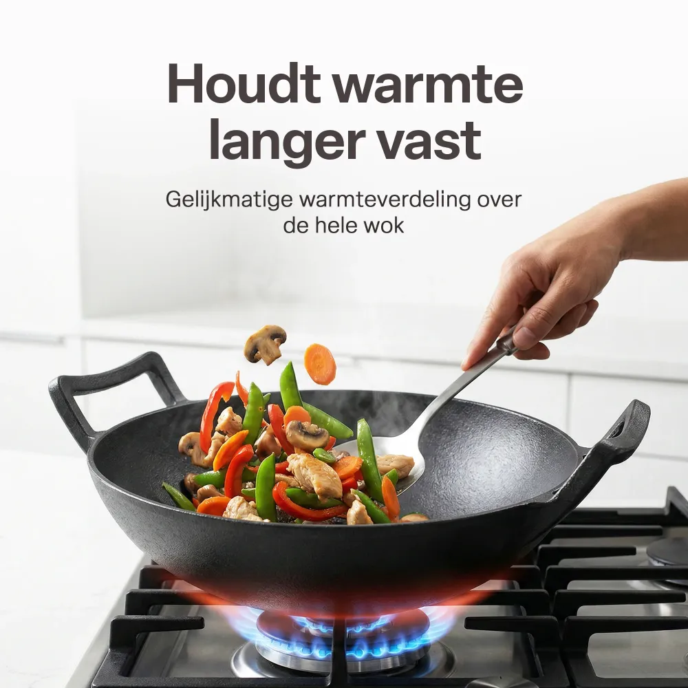 Gietijzeren Wok Ø36 cm met Houten Deksel – Wokpan Gietijzer voor Inductie, Gas, Oven & BBQ – Pre-seasoned – Grote Wokpan m...