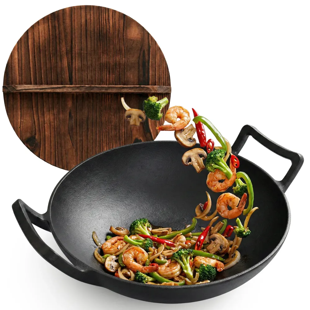 Gietijzeren Wok Ø36 cm met Houten Deksel – Wokpan Gietijzer voor Inductie, Gas, Oven & BBQ – Pre-seasoned – Grote Wokpan m...