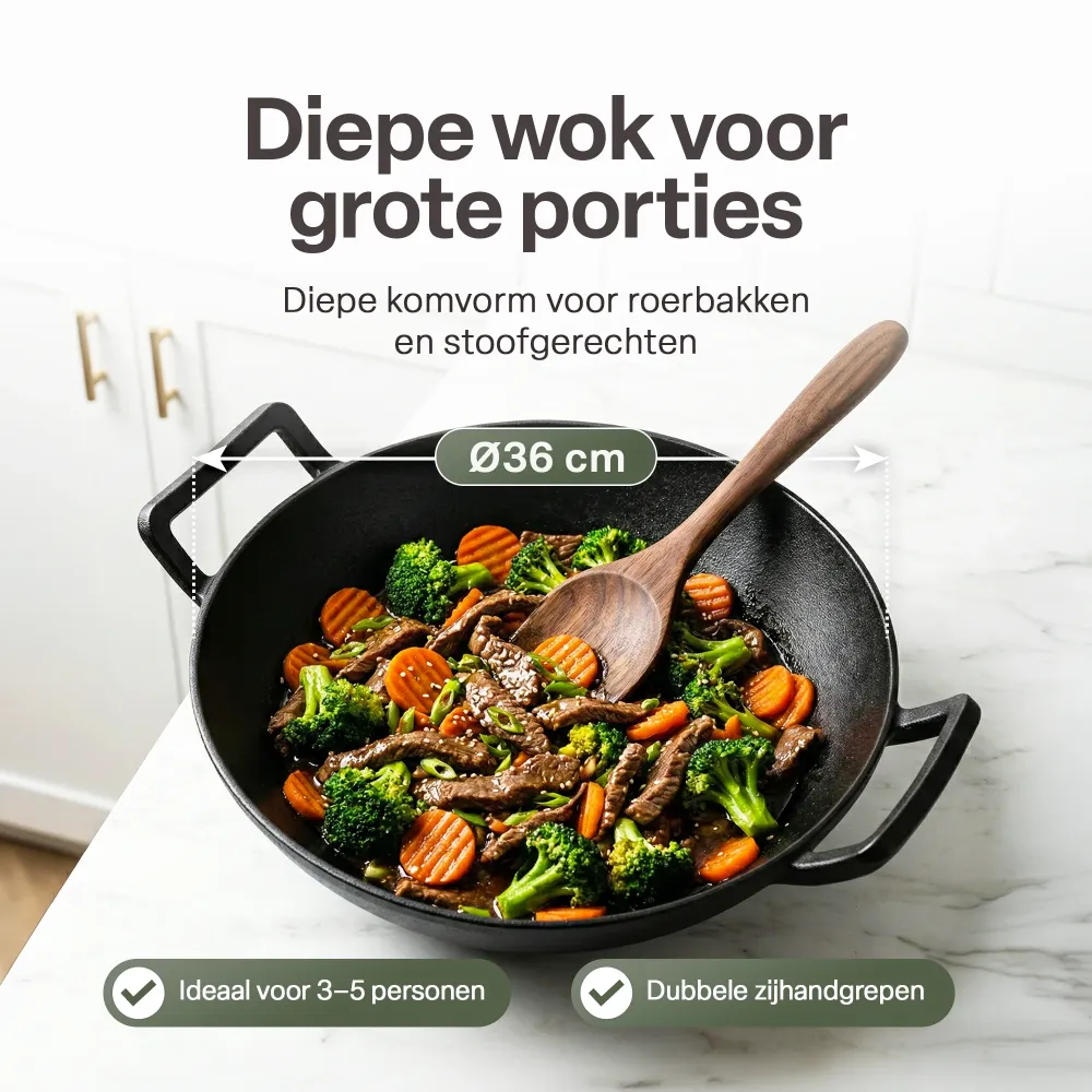 Gietijzeren Wok Ø36 cm met Houten Deksel – Wokpan Gietijzer voor Inductie, Gas, Oven & BBQ – Pre-seasoned – Grote Wokpan m...