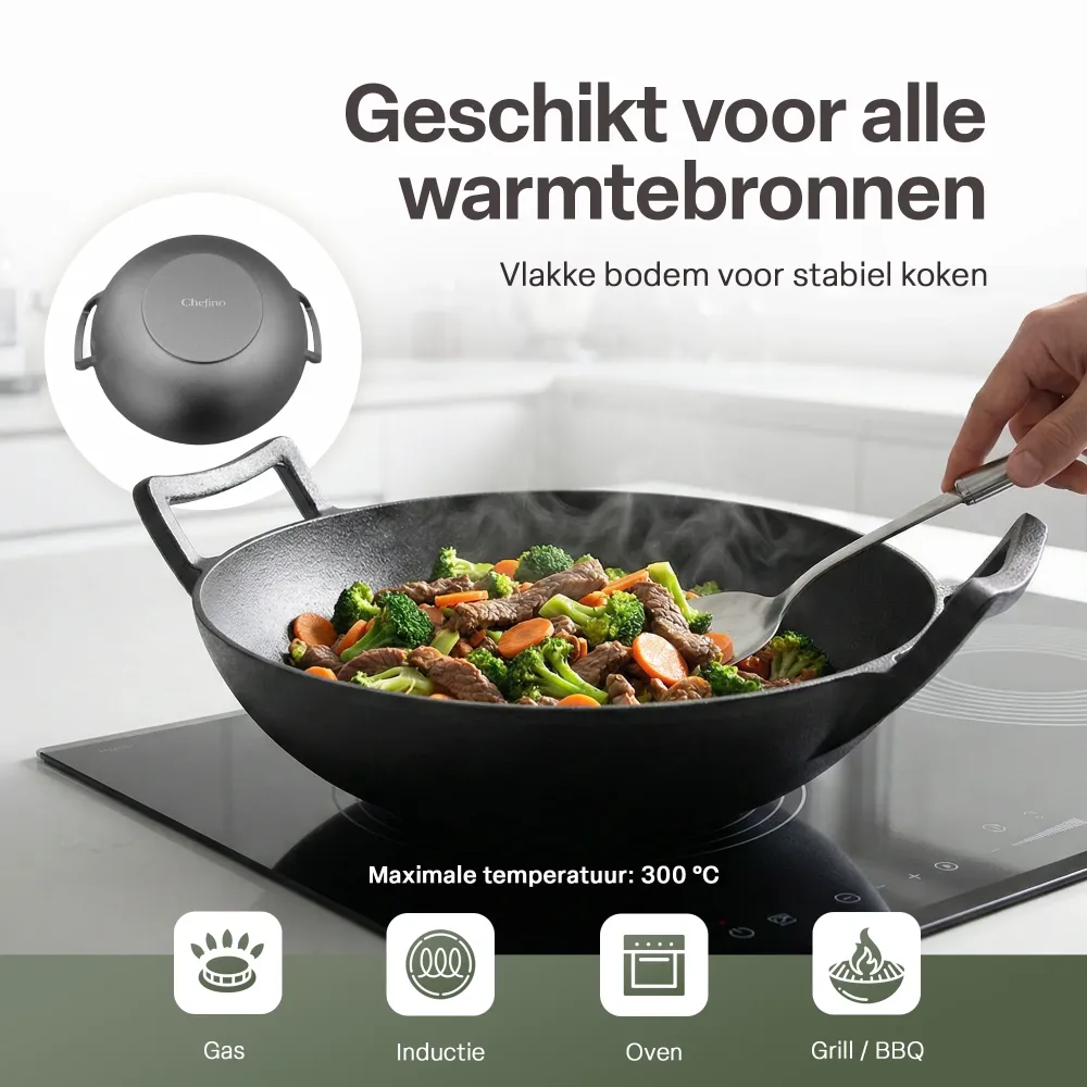 Gietijzeren Wok Ø36 cm met Houten Deksel – Wokpan Gietijzer voor Inductie, Gas, Oven & BBQ – Pre-seasoned – Grote Wokpan m...