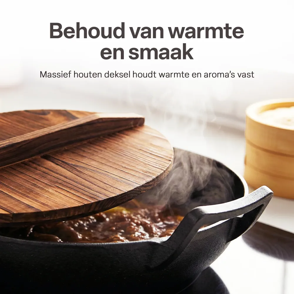 Gietijzeren Wok Ø36 cm met Houten Deksel – Wokpan Gietijzer voor Inductie, Gas, Oven & BBQ – Pre-seasoned – Grote Wokpan m...