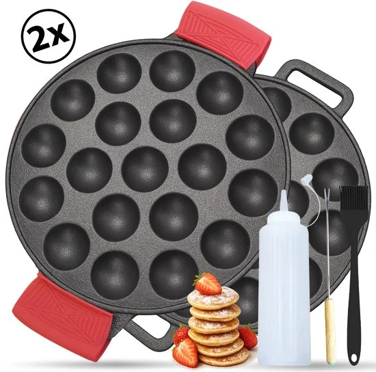 Poffertjespan - Set van 2 pannen incl. accessoires - Bak 38 poffertjes tegelijk - Gietijzeren poffertjespannen ook voor in...