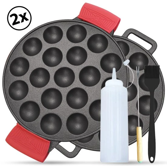 Poffertjespan - Set van 2 pannen incl. accessoires - Bak 38 poffertjes tegelijk - Gietijzeren poffertjespannen ook voor in...