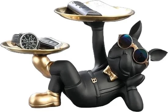 Franse Bulldog Beeld - Sleutelbakje - Sieraden Bakje - Kaarsenstandaard - Oranje - Goud - Decoratie - Incl. Zonnebril