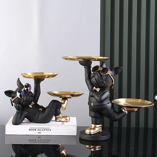 Franse Bulldog Beeld - Sleutelbakje - Sieraden Bakje - Kaarsenstandaard - Oranje - Goud - Decoratie - Incl. Zonnebril