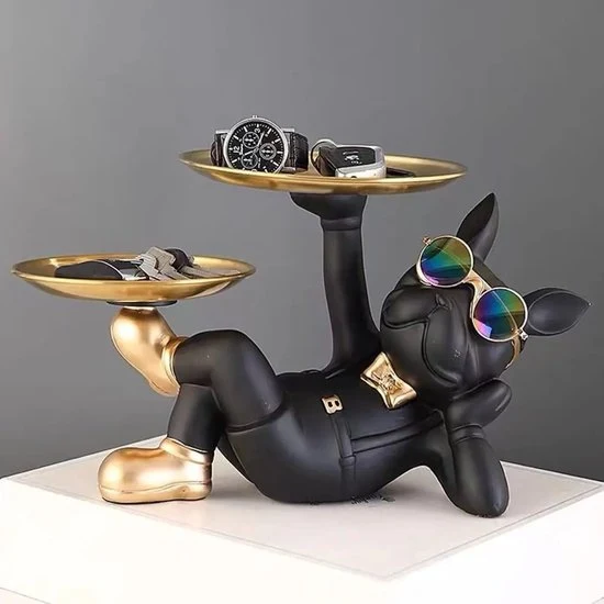 Franse Bulldog Beeld - Sleutelbakje - Sieraden Bakje - Kaarsenstandaard - Oranje - Goud - Decoratie - Incl. Zonnebril