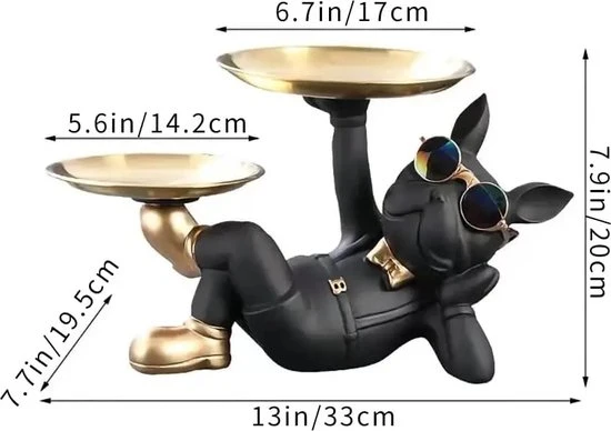 Franse Bulldog Beeld - Sleutelbakje - Sieraden Bakje - Kaarsenstandaard - Oranje - Goud - Decoratie - Incl. Zonnebril