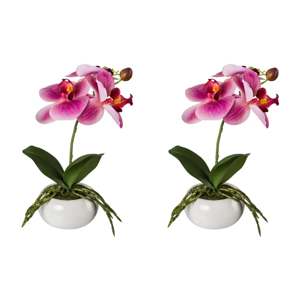Kopu® Set 2 stuks Kunstplant Mini Orchidee 27 cm witte Sierpot - Roze