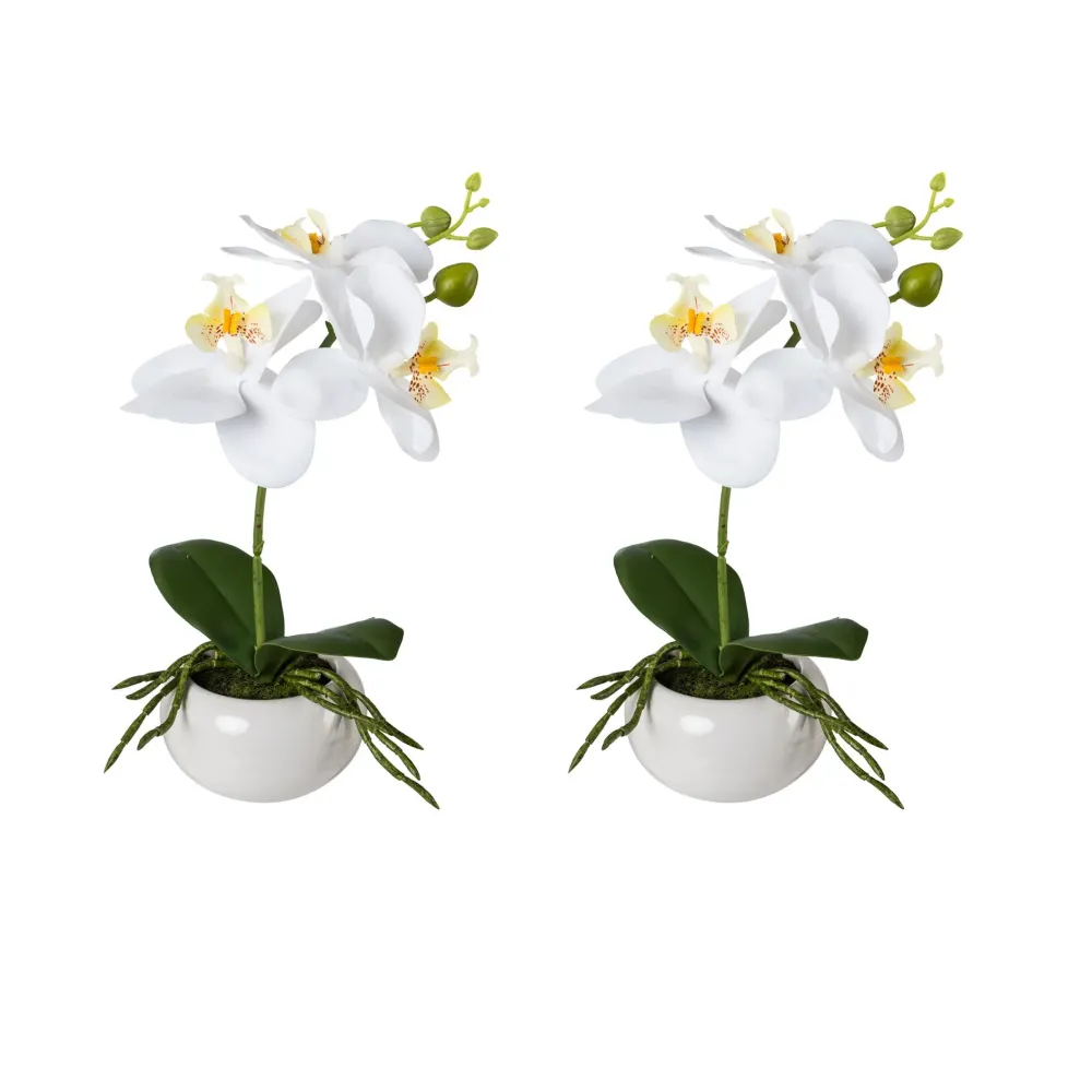 Kopu® Set 2 stuks Mini Kunstplant Orchidee 27 cm witte Sierpot - Wit