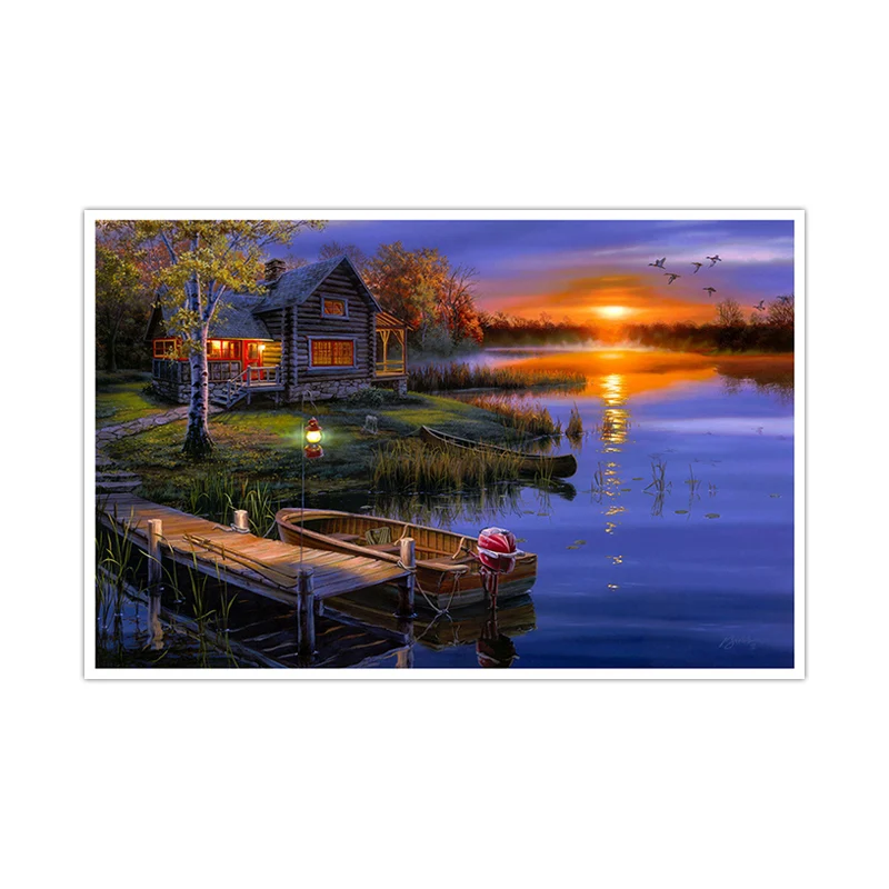 Purple Riverside Hut Landscape Painting Ribbelig Art Print Bedroom, Multiple Sizes Purple