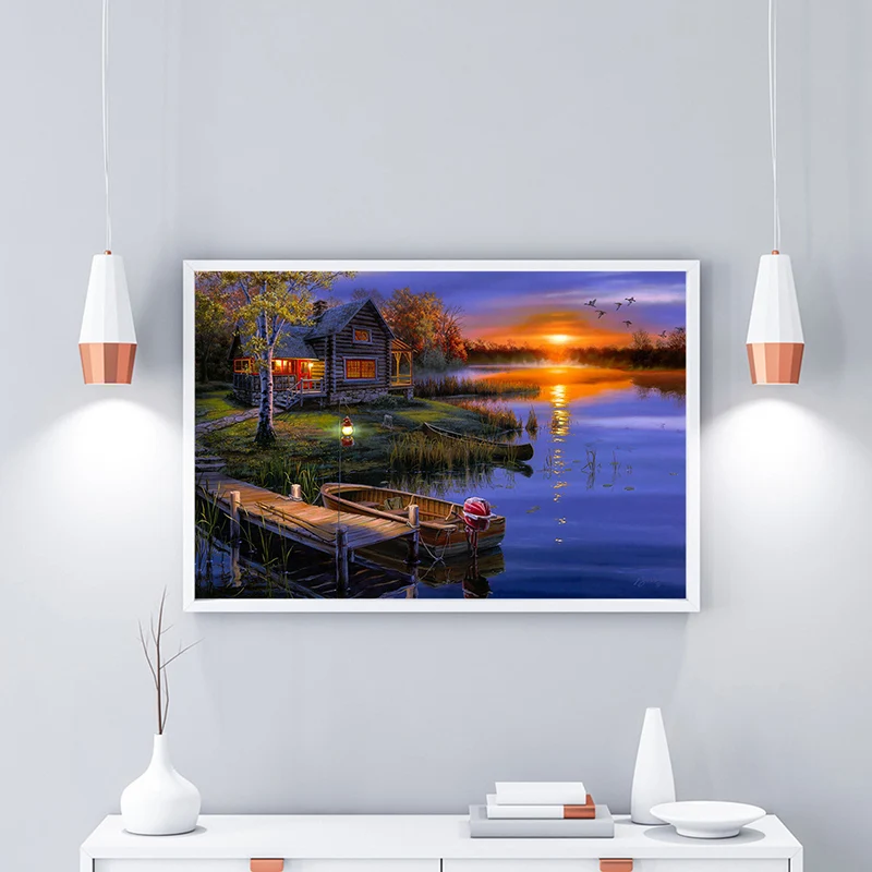 Purple Riverside Hut Landscape Painting Ribbelig Art Print Bedroom, Multiple Sizes Purple