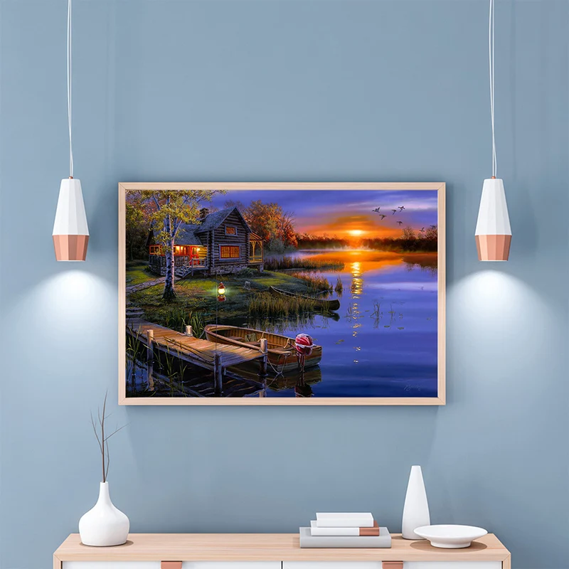 Purple Riverside Hut Landscape Painting Ribbelig Art Print Bedroom, Multiple Sizes Purple