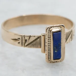 Victorian Era Bezel Set Lapis Solitaire Ring Etched Rose Gouden Setting