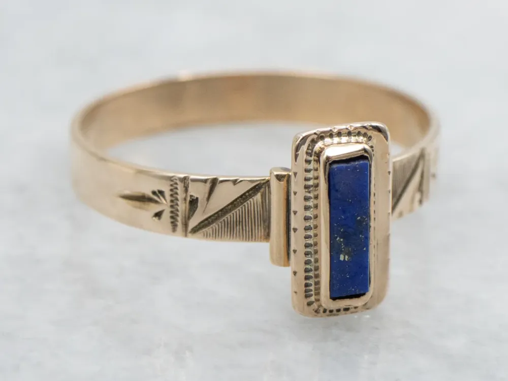 Victorian Era Bezel Set Lapis Solitaire Ring Etched Rose Verguld Setting