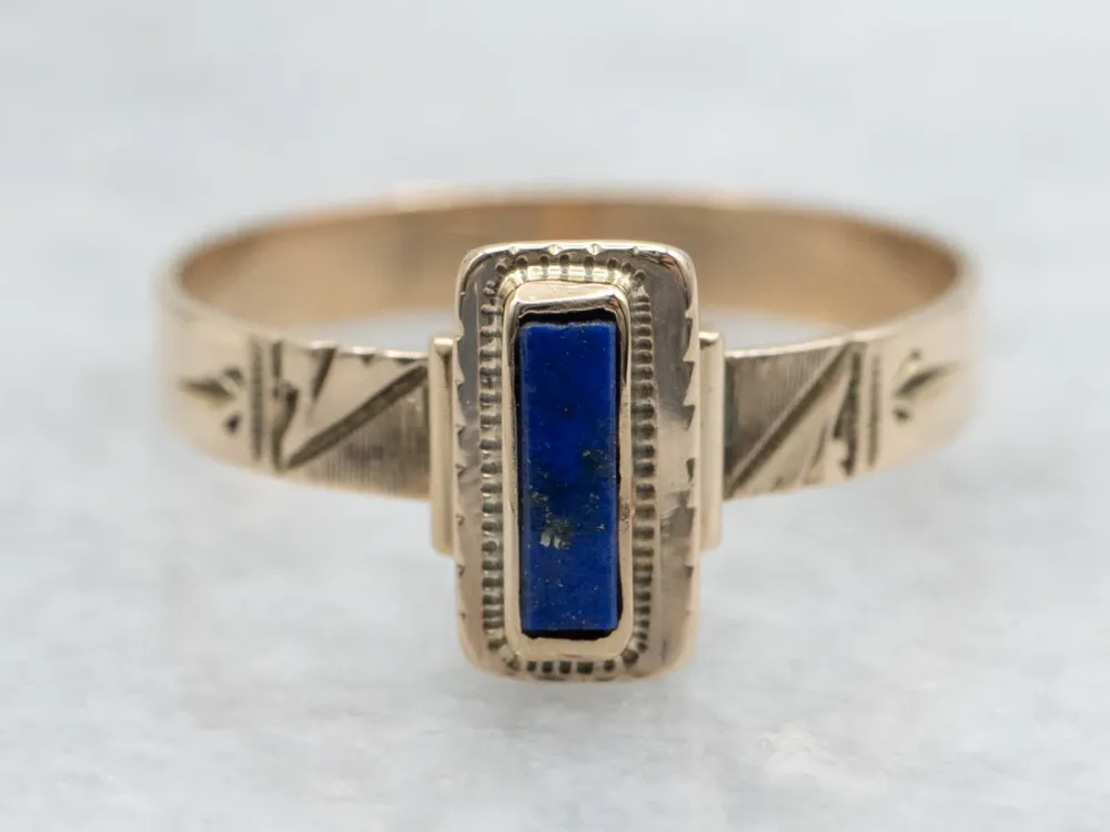 Victorian Era Bezel Set Lapis Solitaire Ring Etched Rose Gouden Setting