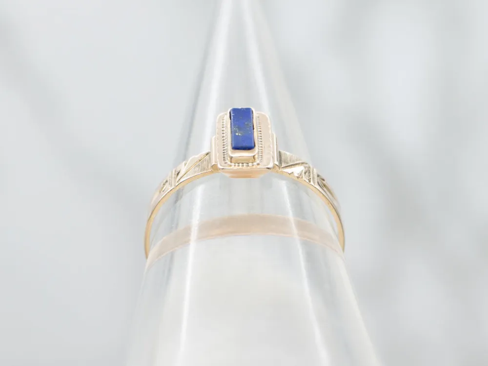 Victorian Era Bezel Set Lapis Solitaire Ring Etched Rose Gouden Setting