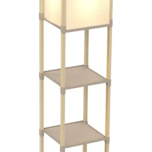 FixWood Houten Staande Lamp met 3 Planken – Scandinavisch Design – Etagère Vloerlamp – Hout & Linnen – Warm Wit Licht – Vo...