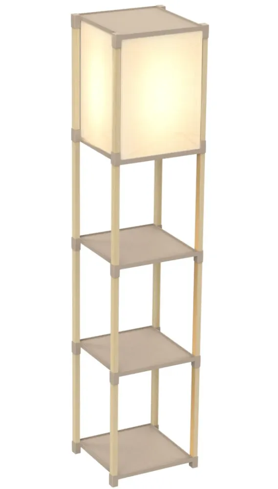 FixWood Houten Staande Lamp met 3 Planken – Scandinavisch Design – Etagère Vloerlamp – Hout & Linnen – Warm Wit Licht – Vo...