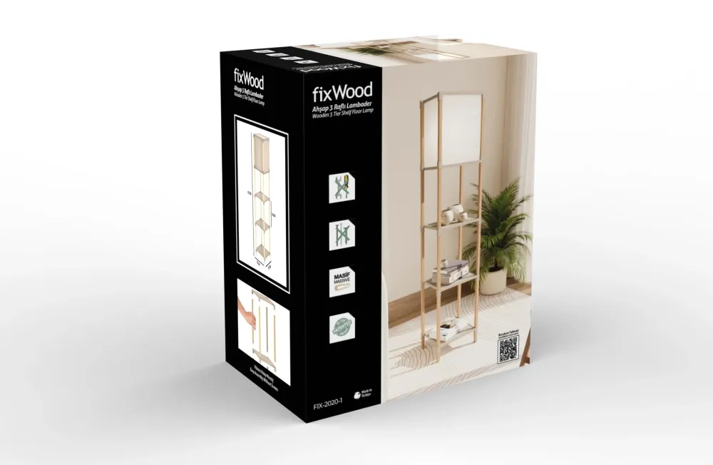 FixWood Houten Staande Lamp met 3 Planken – Scandinavisch Design – Etagère Vloerlamp – Hout & Linnen – Warm Wit Licht – Vo...