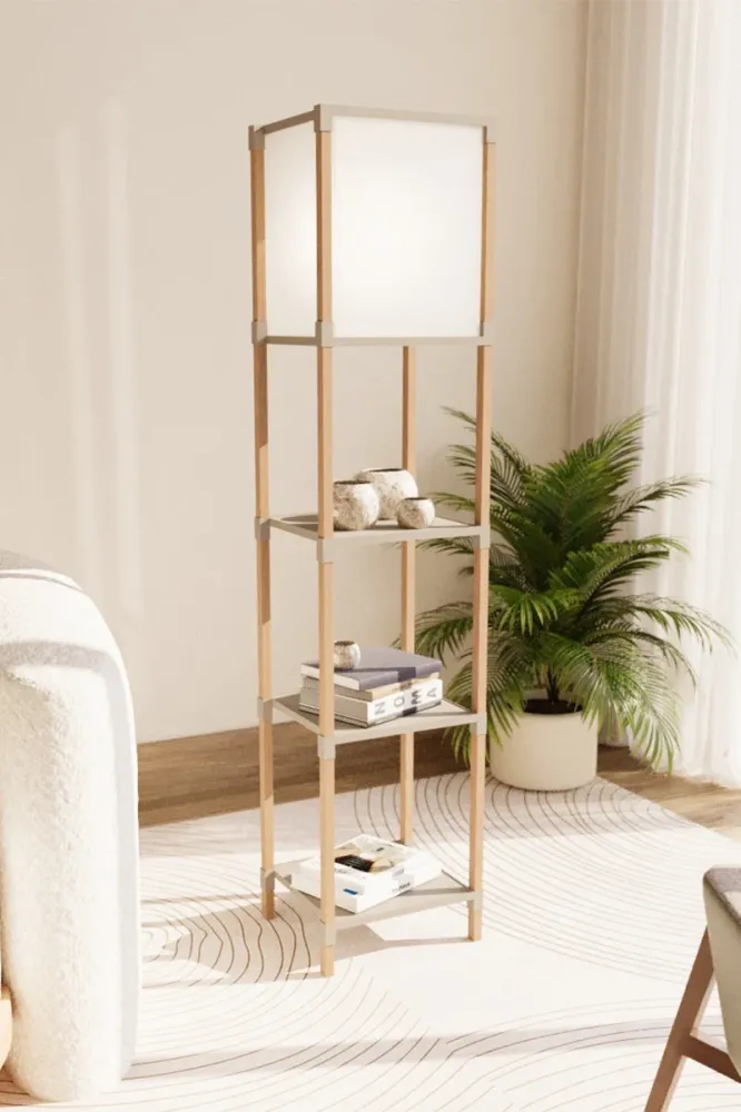 FixWood Houten Staande Lamp met 3 Planken – Scandinavisch Design – Etagère Vloerlamp – Hout & Linnen – Warm Wit Licht – Vo...