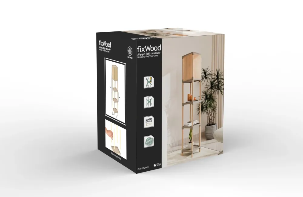 FixWood Houten Staande Lamp met 3 Planken – Scandinavisch Design – Etagère Vloerlamp – Hout & Linnen – Warm Wit Licht – Vo...