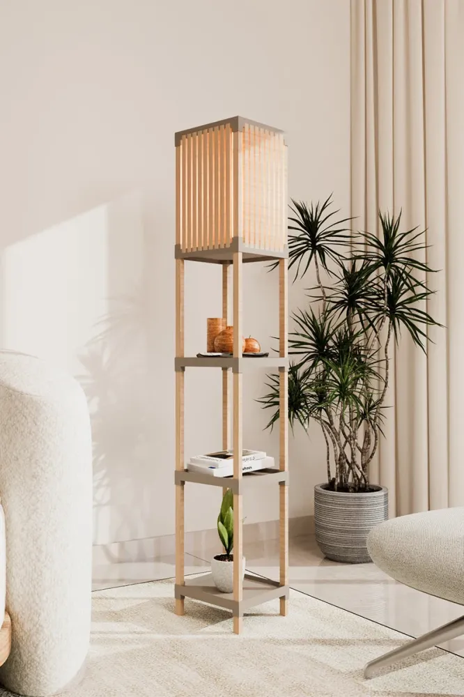 FixWood Houten Staande Lamp met 3 Planken – Scandinavisch Design – Etagère Vloerlamp – Hout & Linnen – Warm Wit Licht – Vo...