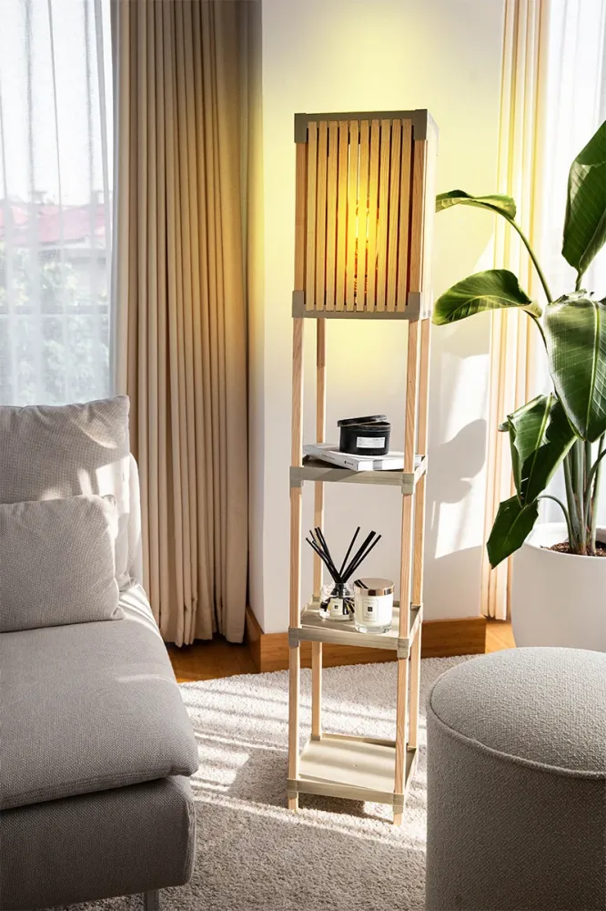 FixWood Houten Staande Lamp met 3 Planken – Scandinavisch Design – Etagère Vloerlamp – Hout & Linnen – Warm Wit Licht – Vo...