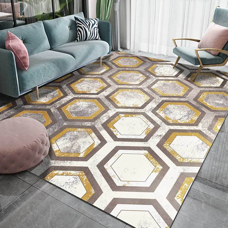 Casual Geometric Pattern Rug Grey and Mosterdgeel Modern Rug Polyester Washable Anti-Slip Backing Area Rug Living Room voo...