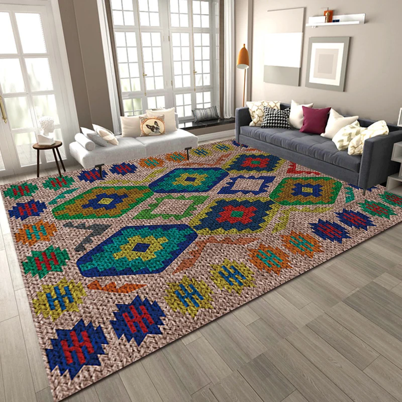 Southwestern Living Room Rug Taupe Diamond Print Rug Polyester Washable Anti-Slip Backing Area Rug Brown