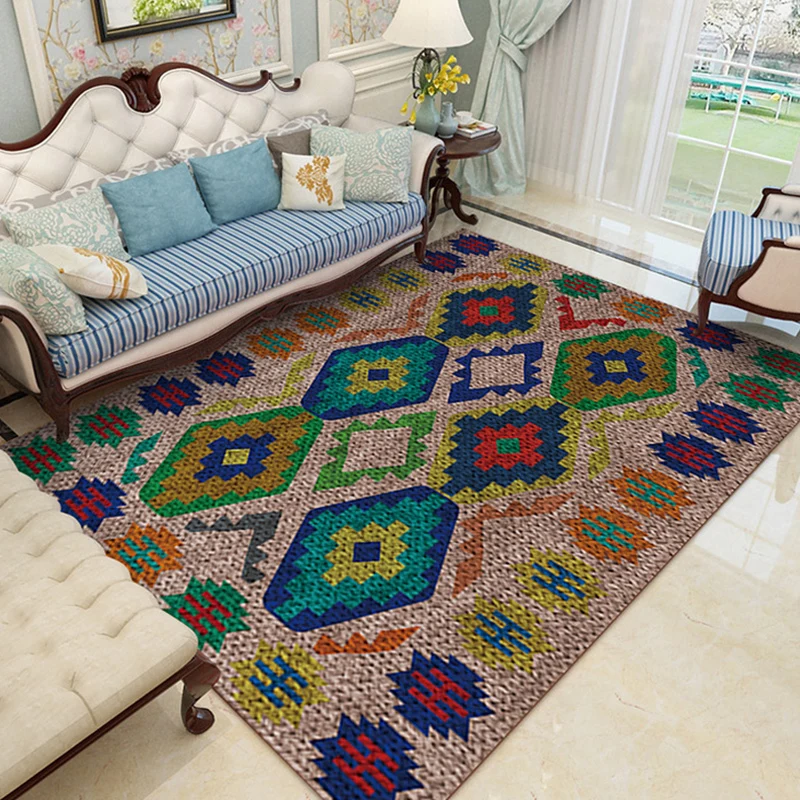 Southwestern Living Room Rug Taupe Diamond Print Rug Polyester Washable Anti-Slip Backing Area Rug Brown