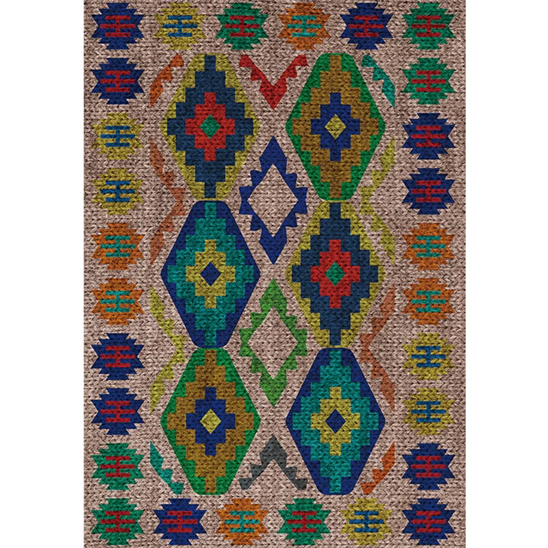 Southwestern Living Room Rug Taupe Diamond Print Rug Polyester Washable Anti-Slip Backing Area Rug Brown