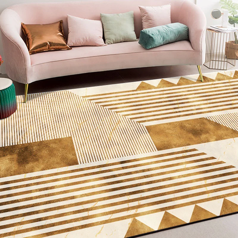 Trendy Striped Geometric Pattern Rug Golden Casual Rug Polyester Washable Anti-Slip Backing Area Rug Living Room Golden