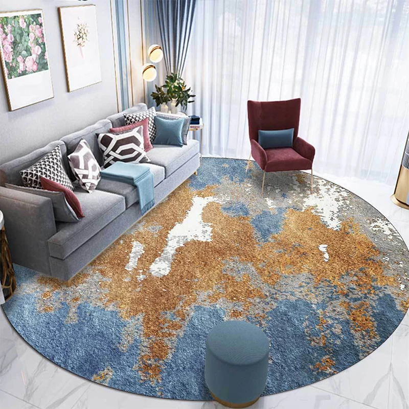 Funky Abstract Rug Blue and Golden Nordic Rug Polyestertextiel Washable Anti-Slip Backing Area Rug Living Room Blue