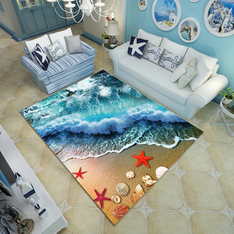 Novelty Living Room Rug Multi-Color Beach Pattern Carpet Polypropylene Anti-Slip Backing Washable Rug 80x150 cm | Grijs Blue