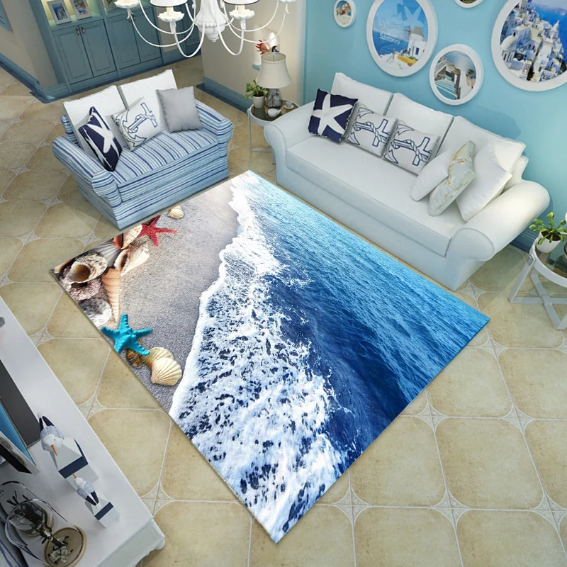 Novelty Living Room Rug Multi-Color Beach Pattern Carpet Polypropylene Anti-Slip Backing Washable Rug voor Binnendeuren Blue