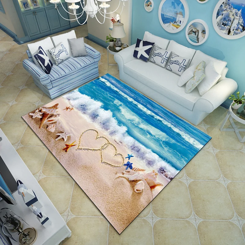 Novelty Living Room Rug Multi-Color Beach Pattern Carpet Polypropylene Anti-Slip Backing Washable Rug voor Binnendeuren Blue