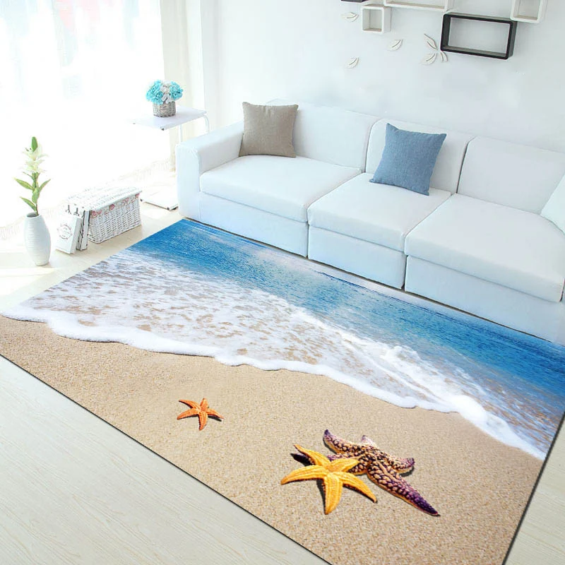 Novelty Living Room Rug Multi-Color Beach Pattern Carpet Polypropylene Anti-Slip Backing Washable Rug voor Binnendeuren Blue