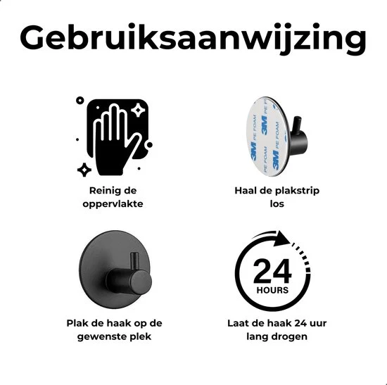 AKSA Home® Handdoekhaakjes Zelfklevend Rond 4 stuks - Handdoekhouder Zwart - Wandhaak - Haken - Ophanghaken