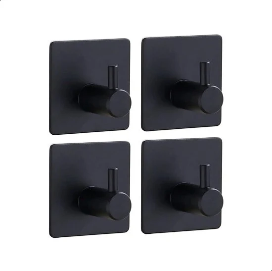 AKSA Home® Handdoekhaakjes Zelfklevend Vierkant 4 stuks - Handdoekhouder Zwart - Wandhaak - Haken - Ophanghaken