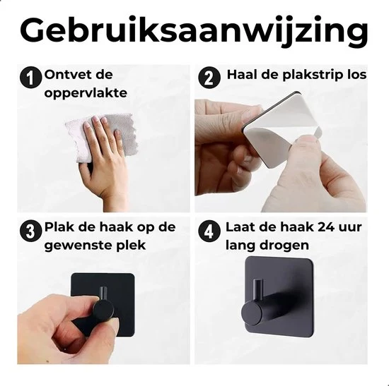 AKSA Home® Handdoekhaakjes Zelfklevend Vierkant 4 stuks - Handdoekhouder Zwart - Wandhaak - Haken - Ophanghaken