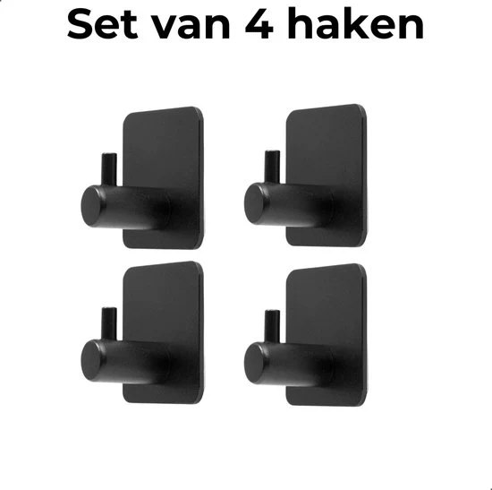 AKSA Home® Handdoekhaakjes Zelfklevend Vierkant 4 stuks - Handdoekhouder Zwart - Wandhaak - Haken - Ophanghaken