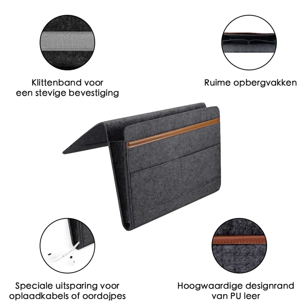Bedside Pocket - Donker Grijs - Vilten Opbergzak voor Bed Bank - Bedorganizer