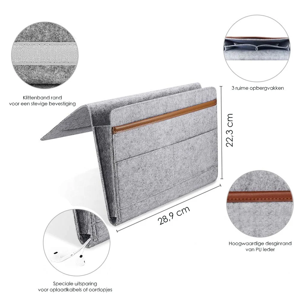 Bedside Pocket - Licht Grijs - Vilten Opbergzak voor Bed Bank - Bedorganizer