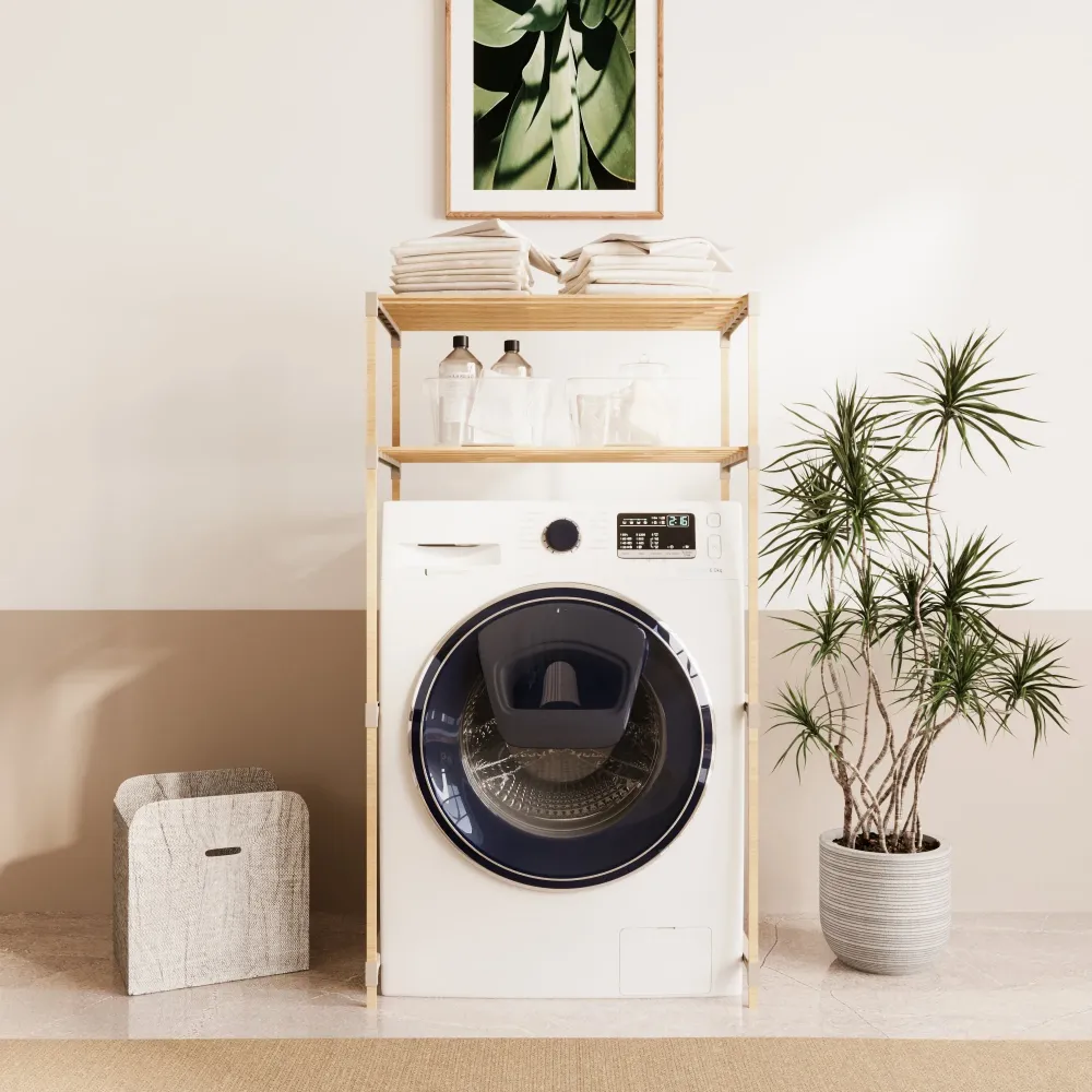 FixWood 2-Laags Wasmachine Rek – Beige - Houten Opbergrek voor Wasmachine – Ruimtebesparend Badkamerrek 127 cm – Beukenloo...