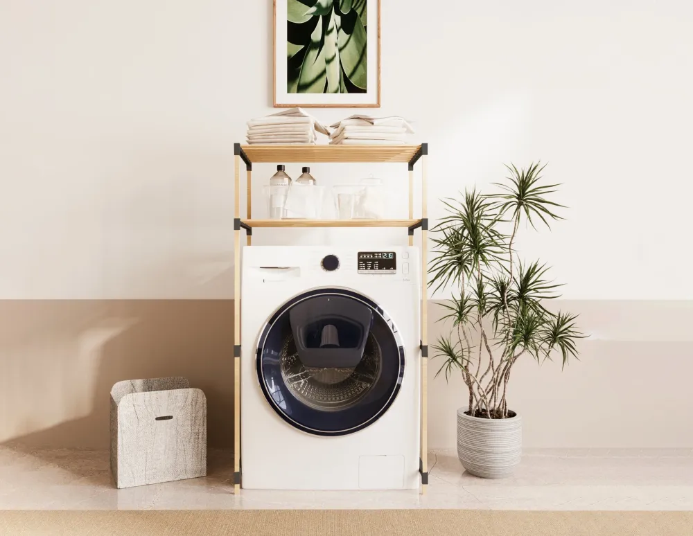 FixWood 2-Laags Wasmachine Rek – Zwart - Houten Opbergrek voor Wasmachine – Ruimtebesparend Badkamerrek 127 cm – Beukenloo...